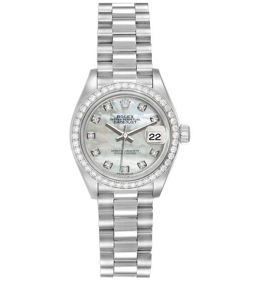 Rolex Women's White Gold President with Custom Diamond Bezel and Mother of Pearl Diamond Dial P69179MOPDD